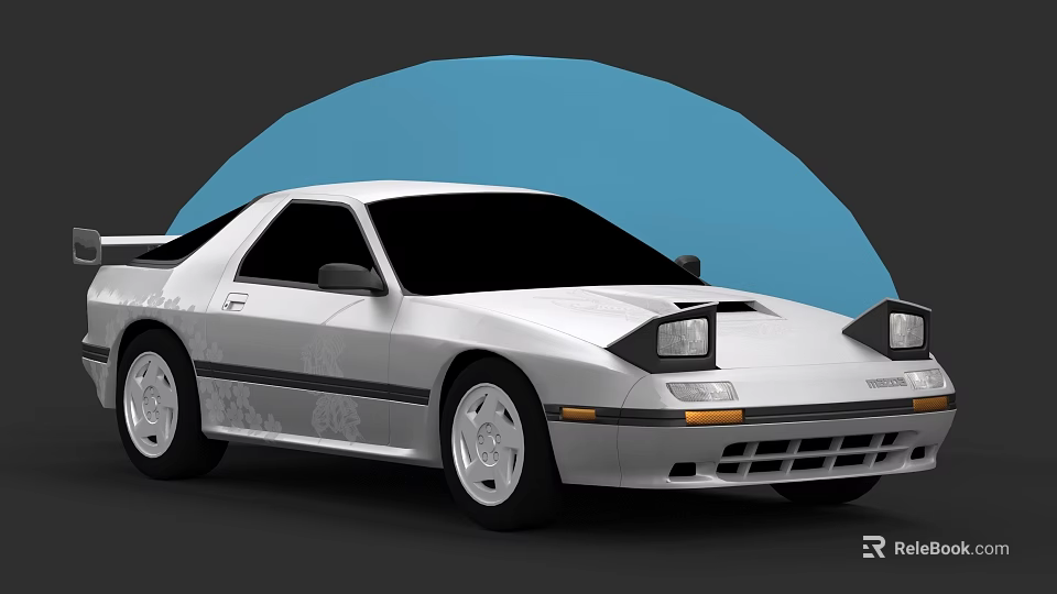 White Two Door Sports Car With Black Windows And Silver Wheels On Blue Circle Background 3d model 