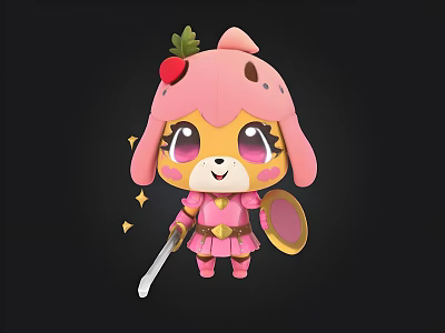 Cute Cartoon Puppy In Pink Outfit With Strawberry Hat Sword And Shield Stars 3d model
