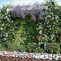 Vertical Garden with Lush Green Plants Purple White Flowers and Decorative Pebble Border