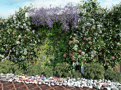 Vertical Garden with Lush Green Plants Purple White Flowers and Decorative Pebble Border 3d model