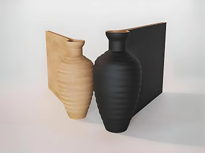 Wooden And Black Decorative Vases With Textured Surfaces And Background Panels 3d model
