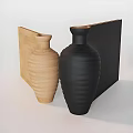 Wooden And Black Decorative Vases With Textured Surfaces And Background Panels