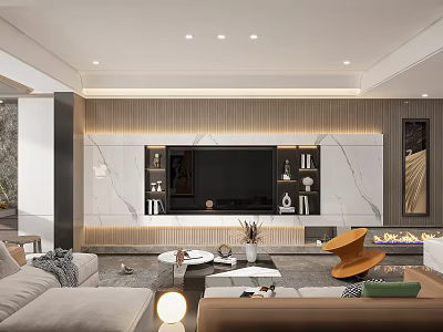 Elegant Modern Living Room Interior Design With Marble TV Wall Sofa Coffee Table And Lighting 3d model