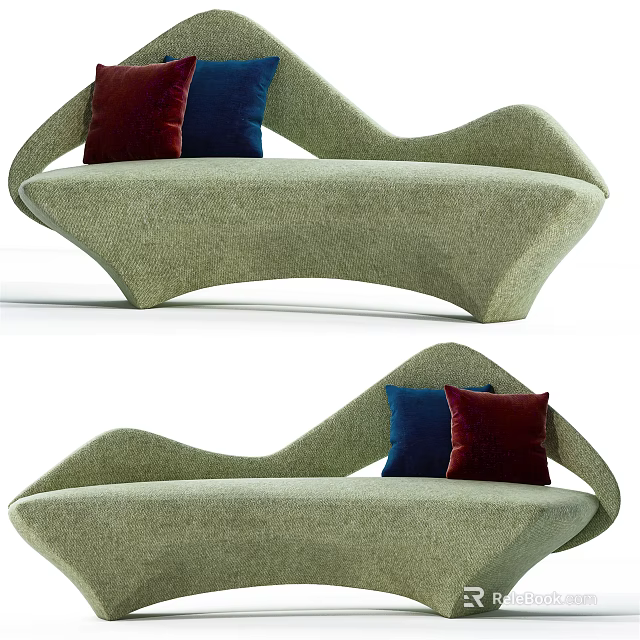 Light Green Multi Seat Sofa With Curved Shape Red And Blue Cushions For Living Room 3d model 