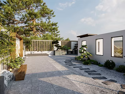 Garden Landscape Design With Stone Pathway Green Plants Trees Gray Wall Building And Wooden Bench 3d model