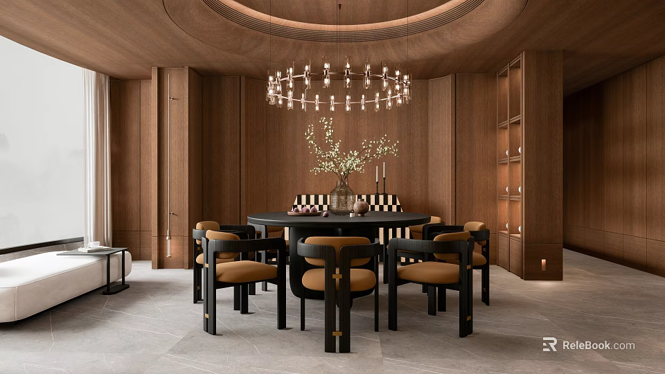 Modern Restaurant Interior With Round Dining Table Yellow Chairs Crystal Chandelier And Wooden Walls 3d model 