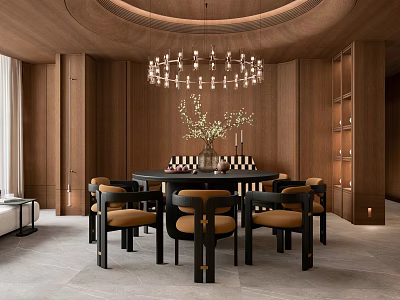Modern Restaurant Interior With Round Dining Table Yellow Chairs Crystal Chandelier And Wooden Walls 3d model