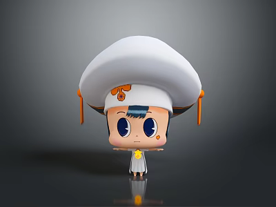 Cute Cartoon Character Standing With White Hat Orange Tassels Big Blue Eyes And White Outfit 3d model