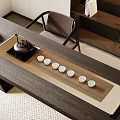 Modern Teahouse Interior With Black Table Tea Utensils Panda Figure And Decorative Shelves 3d model