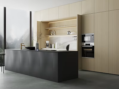 Modern Kitchen Interior With Light Wood Cabinets Black Island Countertop Oven And Mountain View 3d model