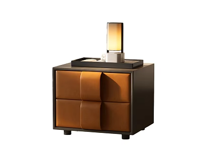 Modern Wooden Nightstand With Brown Leather Two Drawers Table Lamp And Tray On Top 3d model