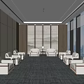 Spacious Modern Hotel Public Lounge Interior With Comfortable Sofas Large Windows And Gray Carpet 3d model