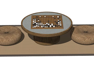 Round Entertainment Table with Chessboard Game Pieces Woven Cushions and Woven Base 3d model