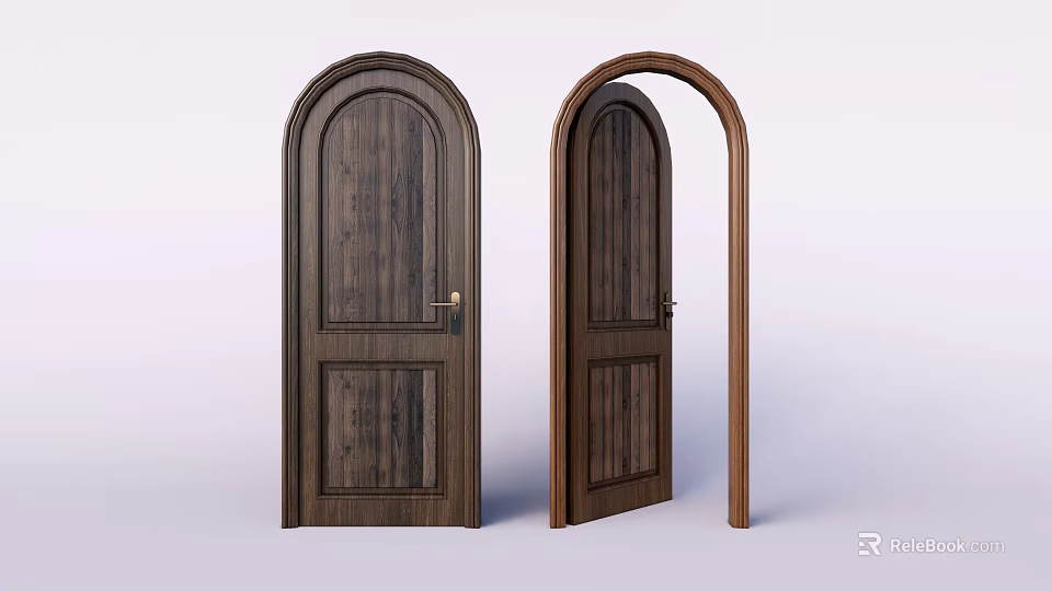Solid Wood Hinged Doors with Arched Top and Dark Wood Grain Closed and Open Design 3d model 