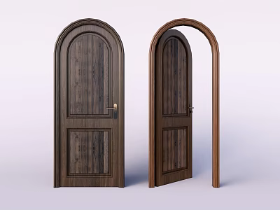 Solid Wood Hinged Doors with Arched Top and Dark Wood Grain Closed and Open Design 3d model