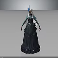 Elegant Fantasy Character with White Long Hair Blue Headdress and Layered Teal Dress
