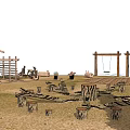 Outdoor Playground Equipment With Wooden Structures Trees Sand And Swings