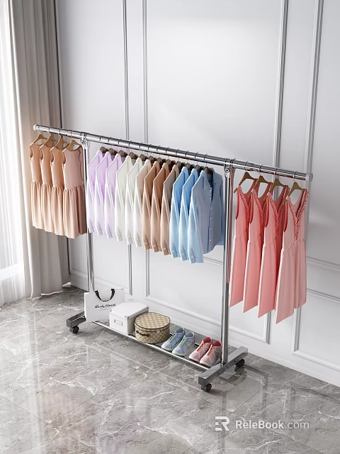 Rolling Clothes Rack with Colorful Dresses Shirts Storage Boxes Woven Basket and Shoes 3d model 