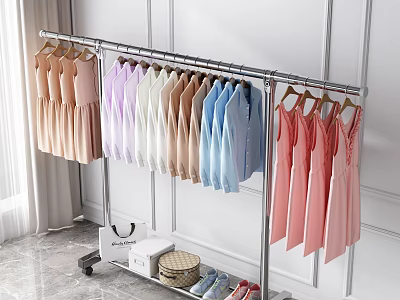 Rolling Clothes Rack with Colorful Dresses Shirts Storage Boxes Woven Basket and Shoes 3d model