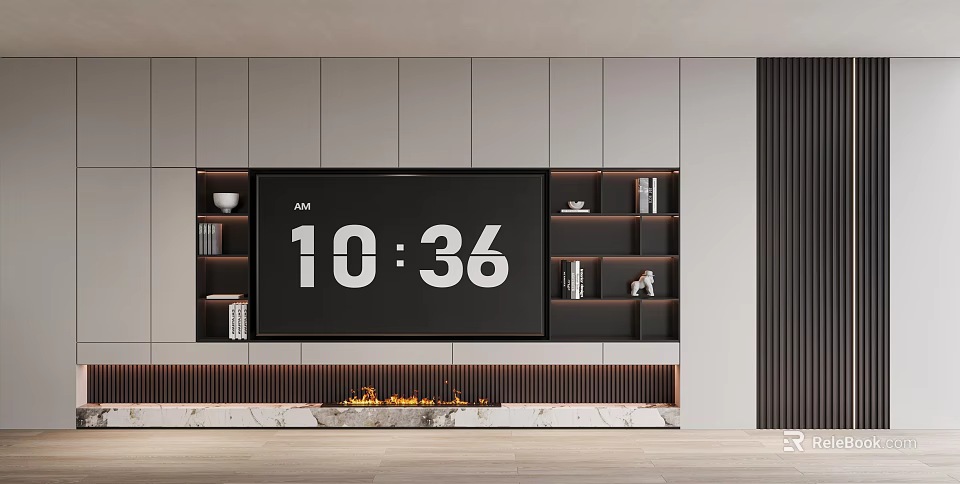 Modern TV Wall Unit with Built in Bookshelves Decorations and Fireplace in Contemporary Living Room 3d model 