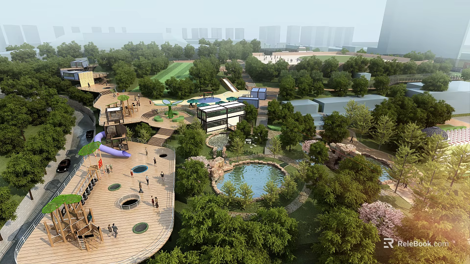 Beautiful Urban Park Landscape With Lush Greenery Walking Paths Playground And Pond 3d model 