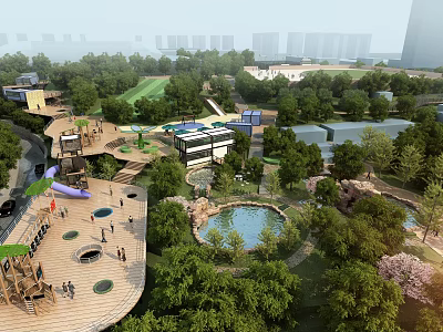 Beautiful Urban Park Landscape With Lush Greenery Walking Paths Playground And Pond 3d model