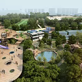 Beautiful Urban Park Landscape With Lush Greenery Walking Paths Playground And Pond
