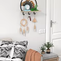 Stylish Entryway Console Table With Wall Mounted Shelf Hooks Feather Decor And Small Plants