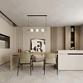 Modern Minimalist Kitchen Interior With Pendant Lights Dining Table And Neutral Cabinets 3d model