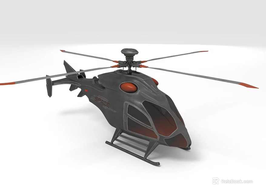 Black Helicopter 3D Model With Rotors Cockpit Detailed Design And Orange Accents 3d model 