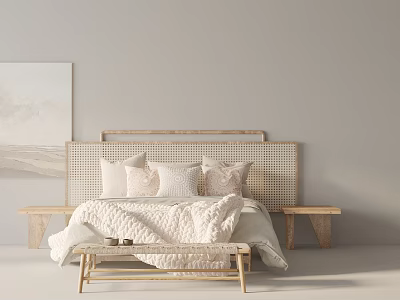 Minimalist Double Bed With Wooden Woven Headboard Soft Pillows And Side Benches 3d model