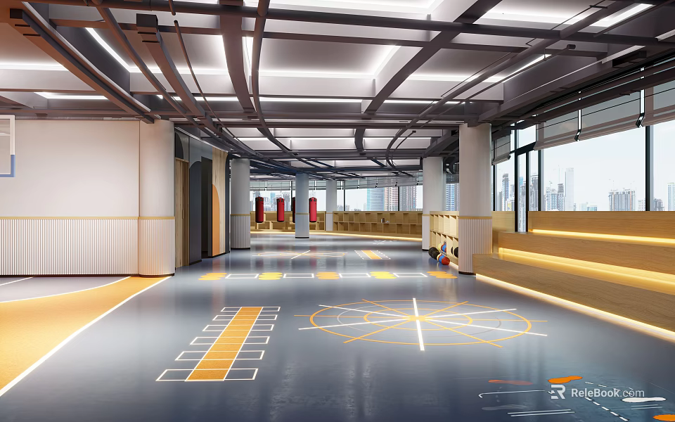 Indoor Basketball Court Modern Fitness Space With Spacious Gray Floor Yellow Lines Windows And Benches 3d model 