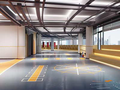 Indoor Basketball Court Modern Fitness Space With Spacious Gray Floor Yellow Lines Windows And Benches 3d model