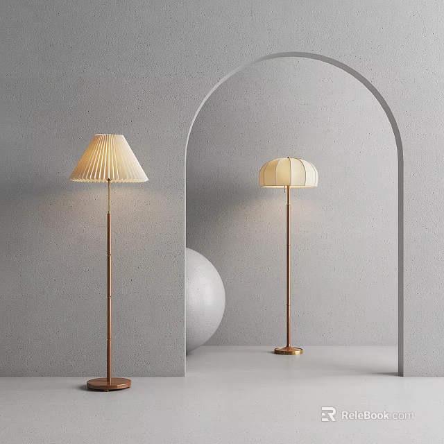 Modern Brass Floor Lamp With Beige Pleated Shade In Gray Wall Arched Doorway Scene 3d model 