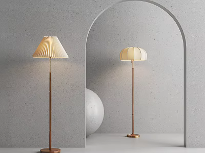Modern Brass Floor Lamp With Beige Pleated Shade In Gray Wall Arched Doorway Scene 3d model