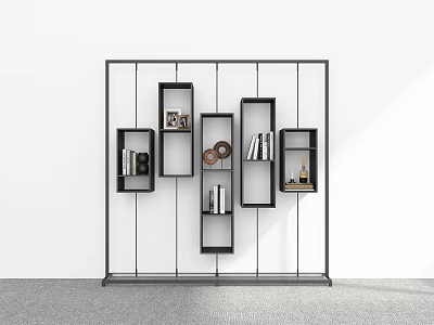 Modern Bookcase With Black Metal Frame Open Geometric Shelves Displaying Books And Decorative Items 3d model