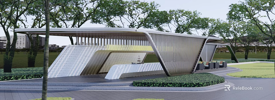 Modern Pergola with Geometric Metal Structure Surrounded by Trees and Greenery 3d model