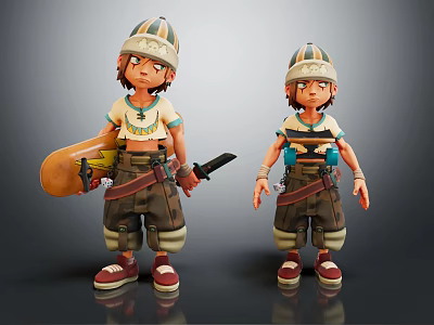 3D Character Creature Models Wearing Hat And Colorful Outfit With Surfboard And Knife 3d model