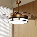 Elegant Modern Brass Chandelier With Circular Glass Shades In Room With Wooden Walls And Window Blinds