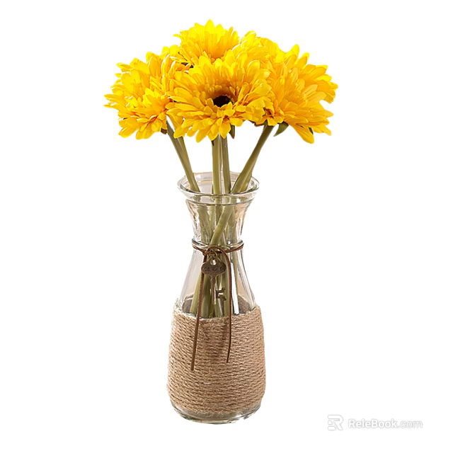 Yellow Flower Bouquet In Clear Glass Vase With Jute Wrapped Bottom For Home Decoration 3d model 