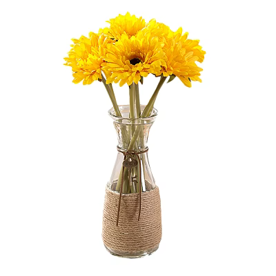 Yellow Flower Bouquet In Clear Glass Vase With Jute Wrapped Bottom For Home Decoration 3d model