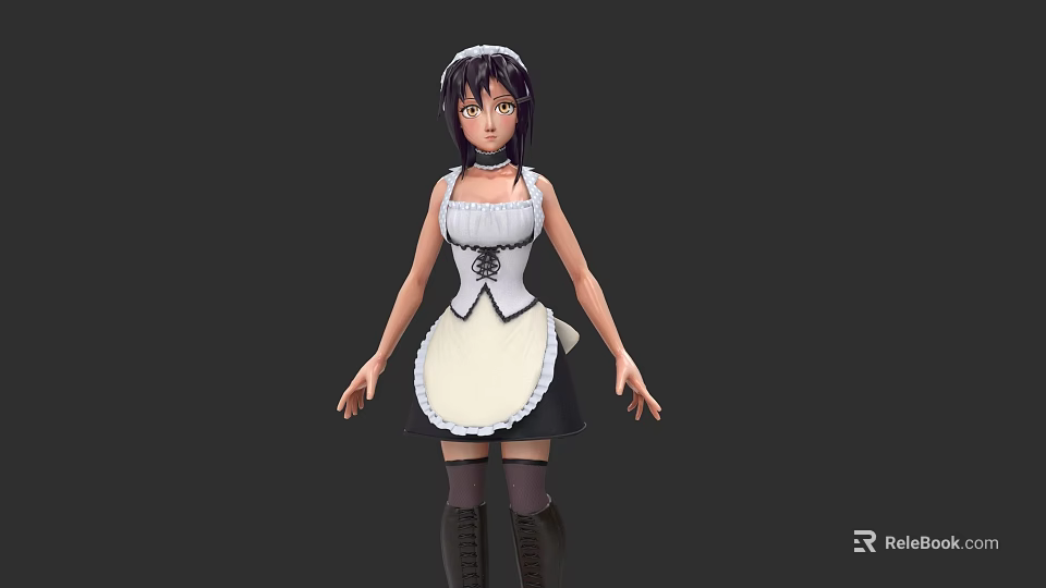 Woman Wearing Classic Maid Outfit With White Apron Headband And Black Dress 3d model 