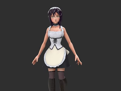 Woman Wearing Classic Maid Outfit With White Apron Headband And Black Dress 3d model