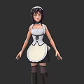 Woman Wearing Classic Maid Outfit With White Apron Headband And Black Dress