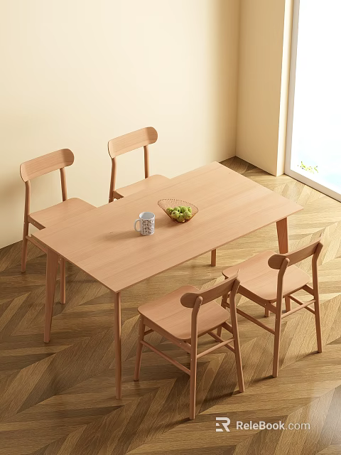 Simple Modern Wooden Dining Table Set With Four Chairs Fruit Bowl And Mug 3d model 