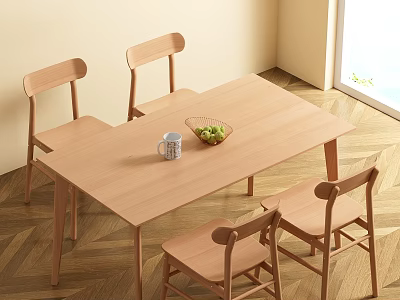 Simple Modern Wooden Dining Table Set With Four Chairs Fruit Bowl And Mug 3d model