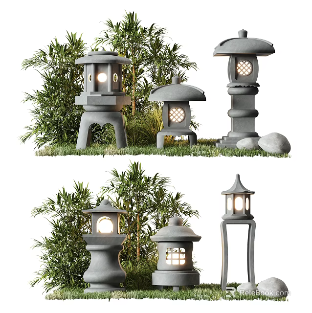 Traditional Stone Outdoor Lanterns With Illuminated Design And Garden Greenery 3d model 
