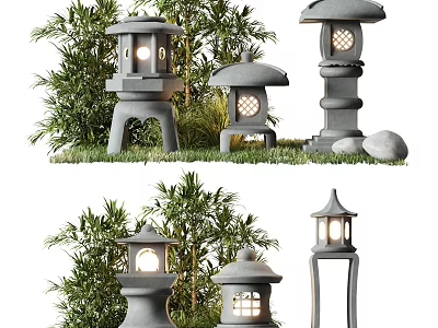 Traditional Stone Outdoor Lanterns With Illuminated Design And Garden Greenery 3d model