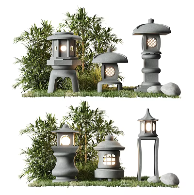 Traditional Stone Outdoor Lanterns With Illuminated Design And Garden Greenery 3d model