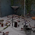 Abandoned Hospital Ward With Dilapidated Benches Bricks Debris On Floor And Vines Covering Walls